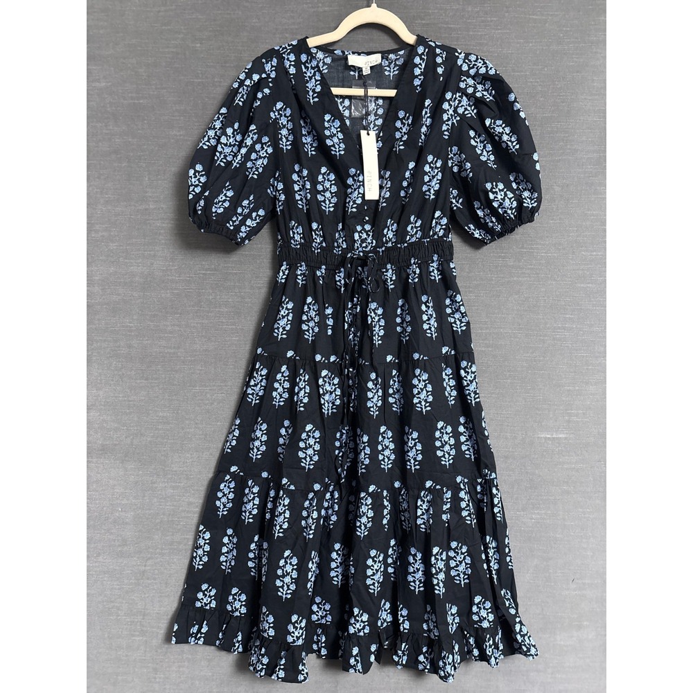 NEW Pinch Lorelei Dress M Black Blue Floral Midi Puff Tiered Boho Cottage